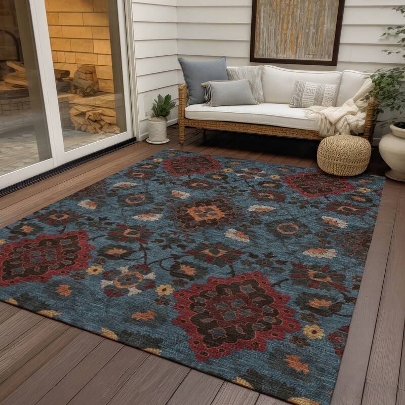 Machine Washable Indoor/ Outdoor Boho Traditional Chantille Rug - Denim - 9' x 12'