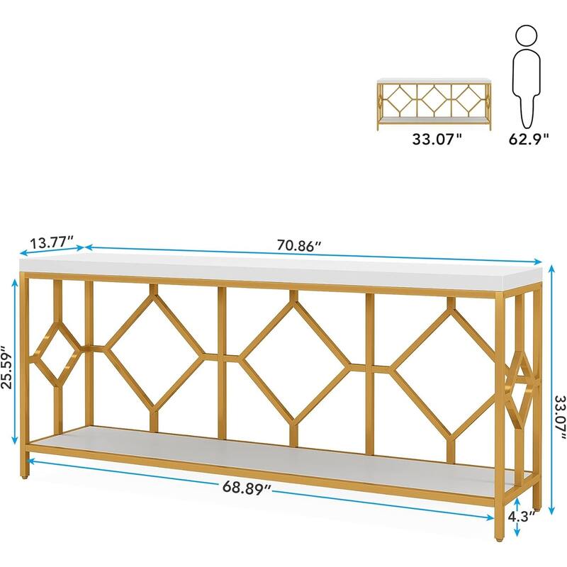 70.9" White & Gold 2-Tier Sofa Table, Industrial Extra Long Console with Diamond Metal Frame for Entryway or Living Room