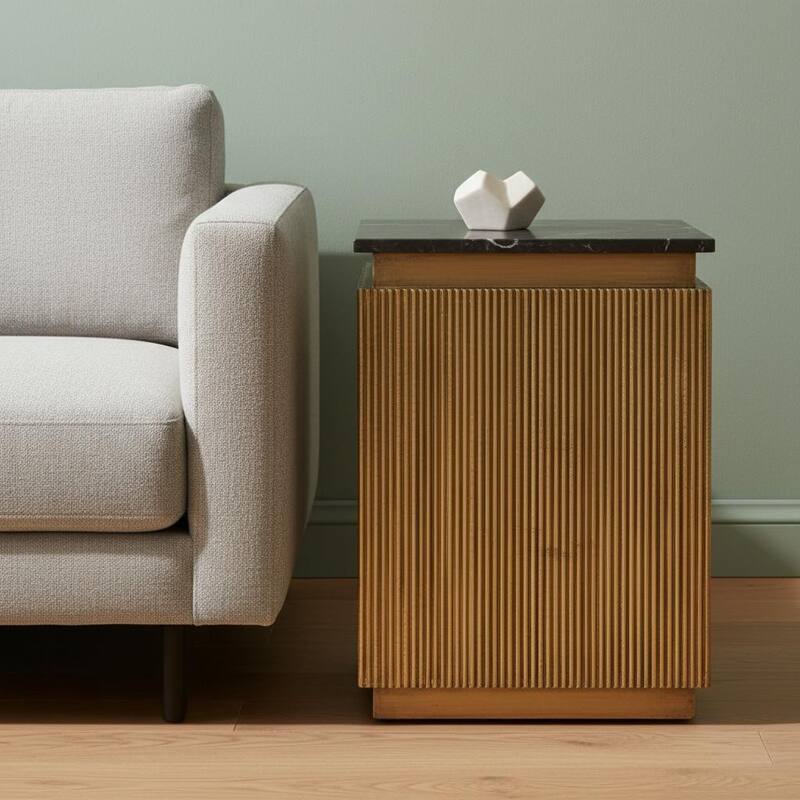 HomeRoots 22" Black and Gold Stone and Brass Square Block End Table - 16.00 in. x 22.00 in. x 16.00 in. - Black - Slate