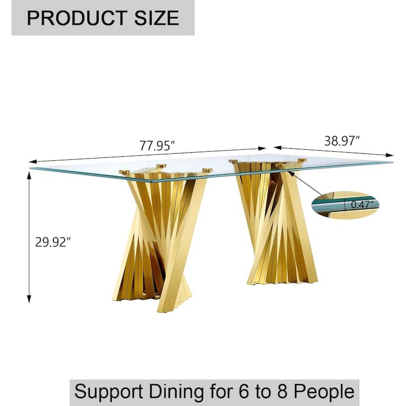Luxury 78 inch Glass Dining Table with Mirrored Stainless Steel Base