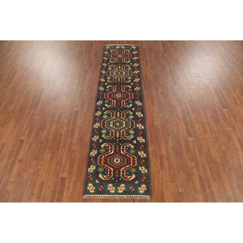 Green Geometric Kazak Indian Runner Rug Handmade Wool Carpet - 2'5"x 9'10"
