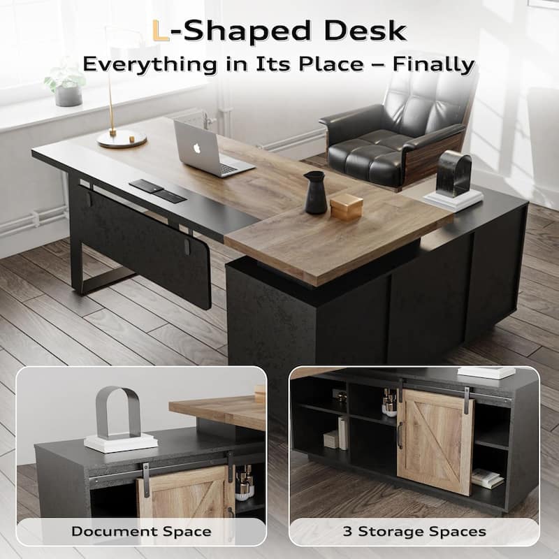 62.99" L-Shaped Executive Desk with Sliding Barn Door Storage Shelves Built-In USB Outlet
