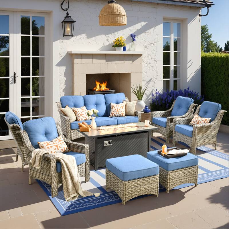 HOOOWOOO 8-piece Wicker Patio Ergonomic Conversation Set with 54" Fire Pit - Diamond Blue