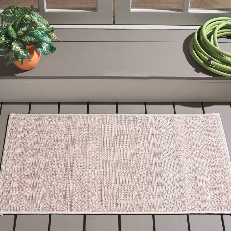 SAFAVIEH Courtyard Rozenn Indoor/ Outdoor Waterproof Patio Backyard Rug - 2' x 3'7" - Ivory/Pink