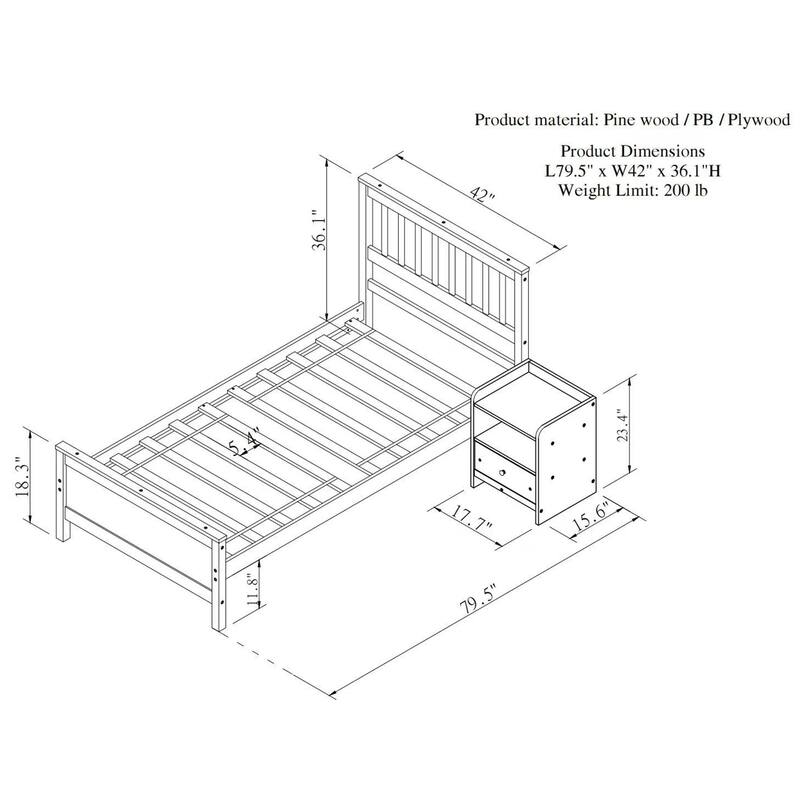 Wooden Kids Bedroom Set Twin Bed Frame with Nightstand Bed Bath