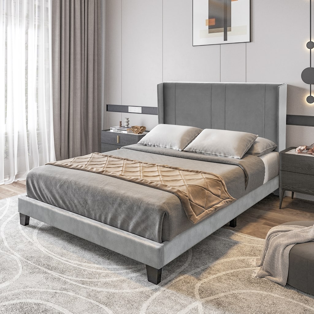 Modern Velvet Upholstered Platform Bed Frame