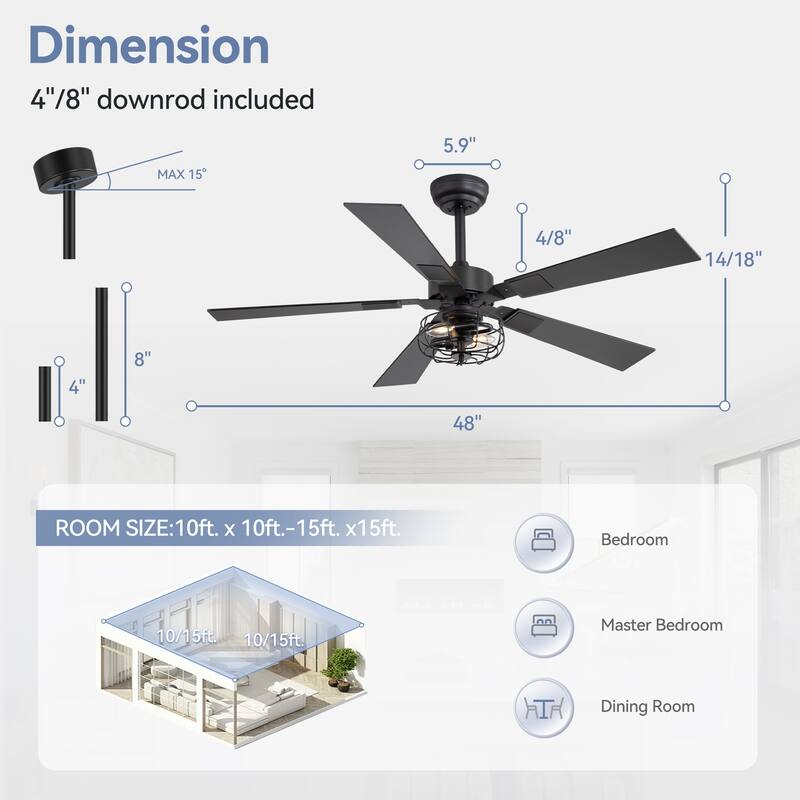 48" Industrial Wooden Reversible 5-Blade Ceiling Fan with Light and Remote