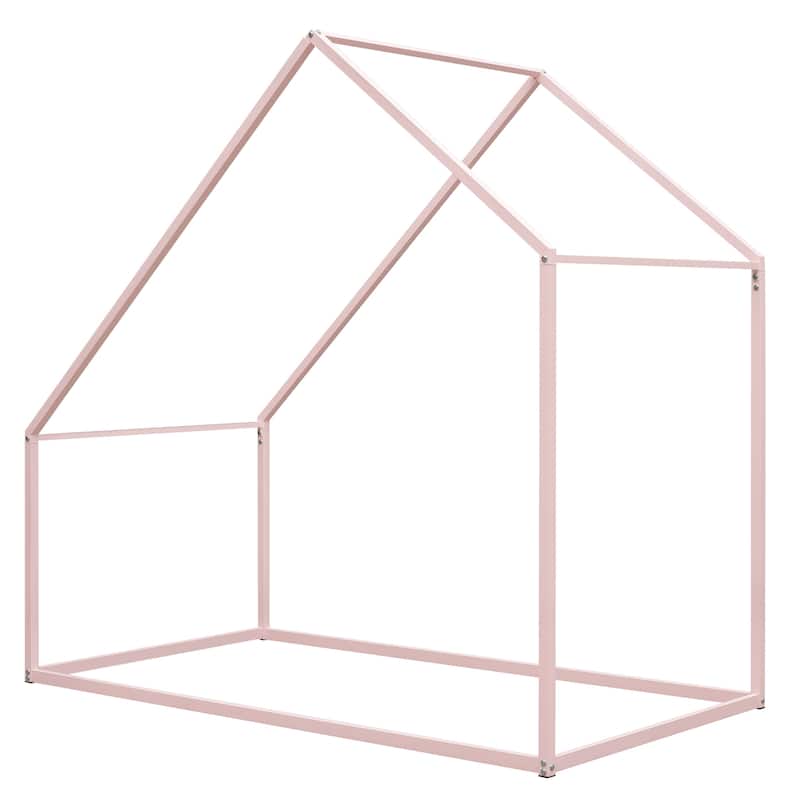 Twin Size Floor Kids Bed, Open Metal House Bed Frame with Roof Design