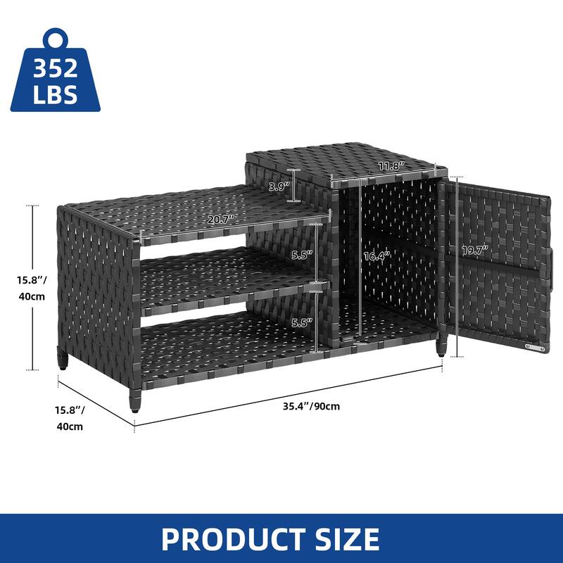 All-Weather Woven Outdoor Shoe Cabinet with 2 Shelfs and Doors, Patio PE Rattan Storage Cabients with Bench