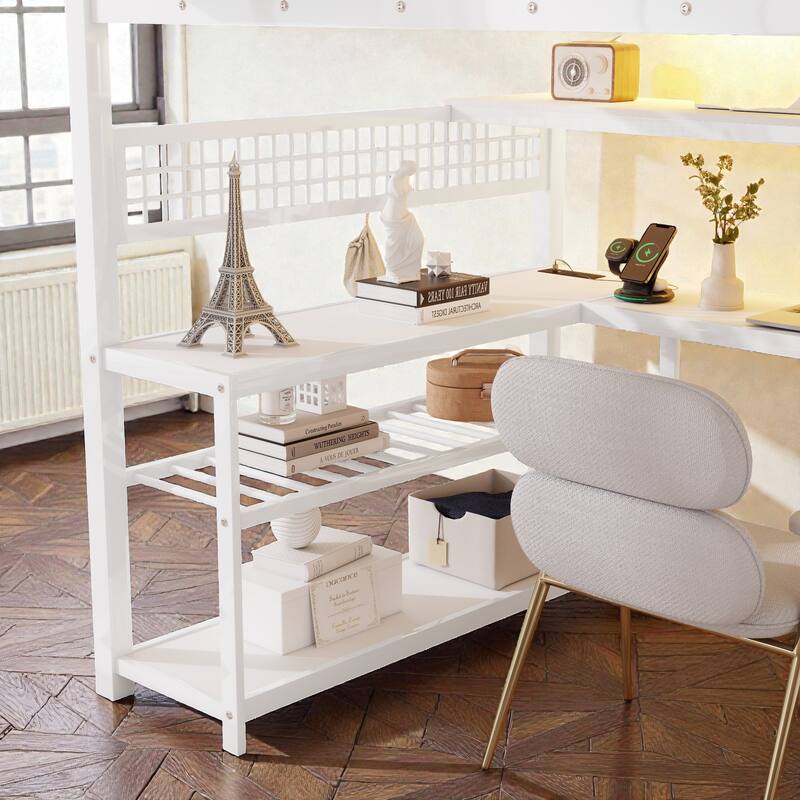 Full Size Metal Loft Bed with Staircase Storage, Wardrobe, Desk, Shelves, LED Lights and Charging Station