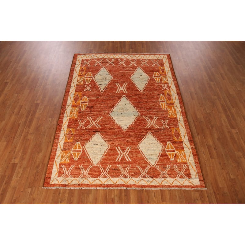 Orange Geometric Moroccan Oriental Rug Handmade Wool Carpet - 6'1" x 8'6"