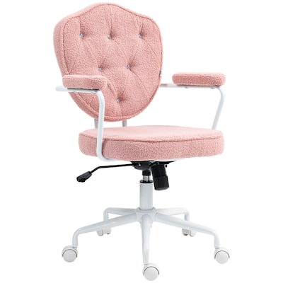 Cute Home Office Chair, Computer Desk Chair with Button Tufted Teddy Bear Fleece, Swivel Vanity Chair
