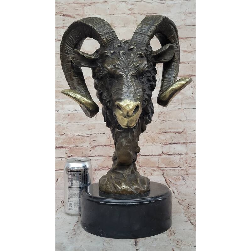 Rams Head Bust Bronze Metal Sculpture Statue On Marble Base Signed Original Art 17 Inches X 10 Inches
