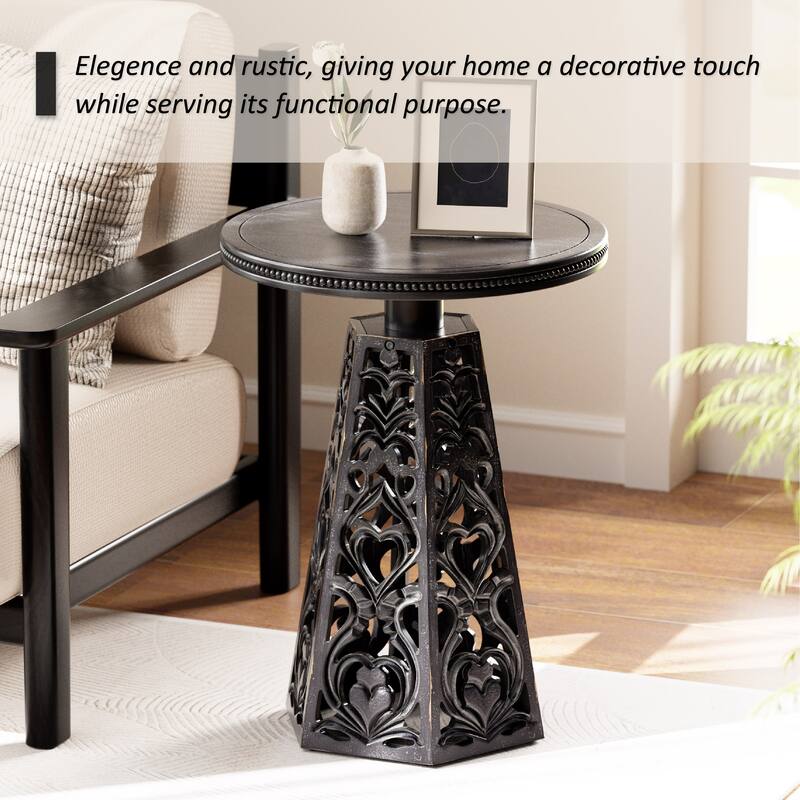 COZAYH Rustic Farmhouse Wooden End Table, Distressed Round Accent Table with Intricate Carved Floral Patterns, Boho