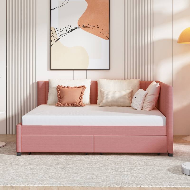 Upholstered Daybed with 2 Storage Drawers Sofa Bed Frame No Box Spring Needed, Linen Fabric
