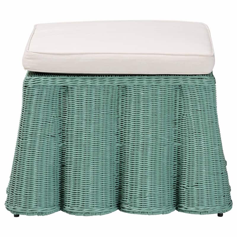 Palm Scallop Natural Rattan Ottoman with Cushion – Handwoven Wicker Accent Bench or Footrest for Living Room or Sunroom, Square