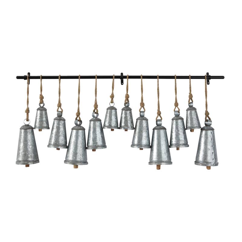 Gray or Bronze Metal Tibetan Inspired Decorative Cow Bell with Jute Hanging Rope and Rod