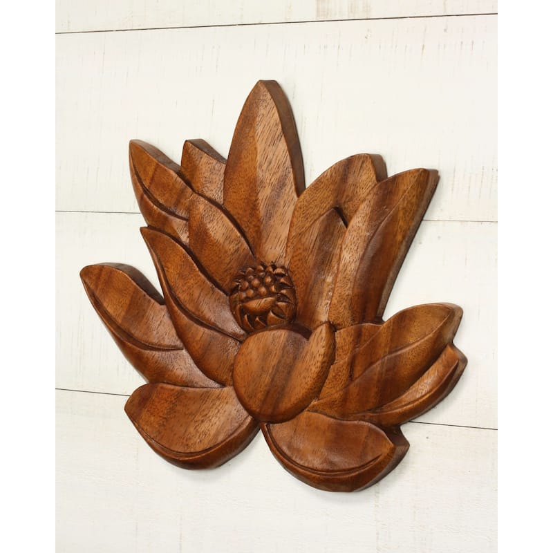 11" Wood Lotus Wall Panel - Hand Carved Decorative Flower Art, Zen Nature Wall Decor