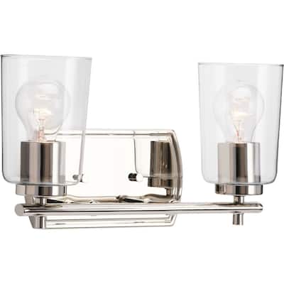Adley Collection Two-Light Polished Nickel Clear Glass New Traditional Bath Vanity Light - 13.875 in x 6 in x 7.625 in