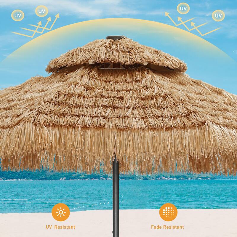Autlaycil 9ft Hula Thatched Tiki Outdoor Umbrella with Crank & Lights