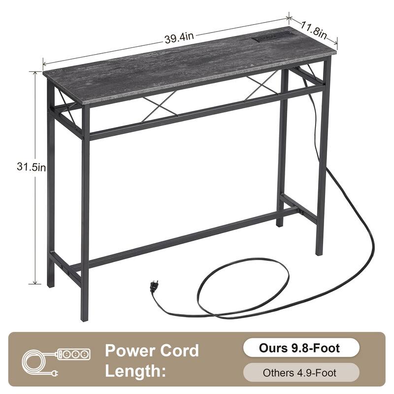 VECELO Industrial Rectangular Wood Console Table with AC Power and USB Charging Ports