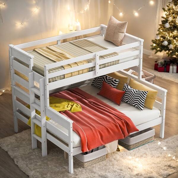 slide 2 of 12, Modern Twin XL Over Queen Wood Bunk Bed With Ladder,Sturdy Frame,Convertible Beds for Bedroom White
