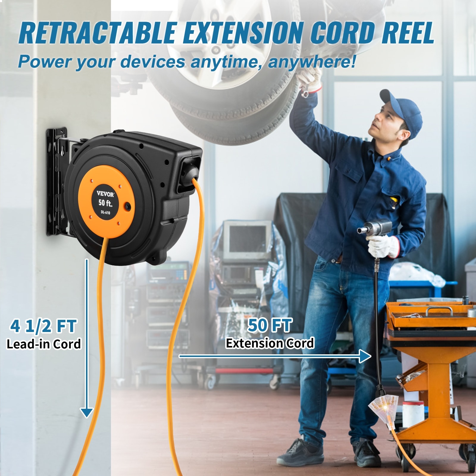 Retractable Cord Reel - Heavy Duty, 45', Single Outlet