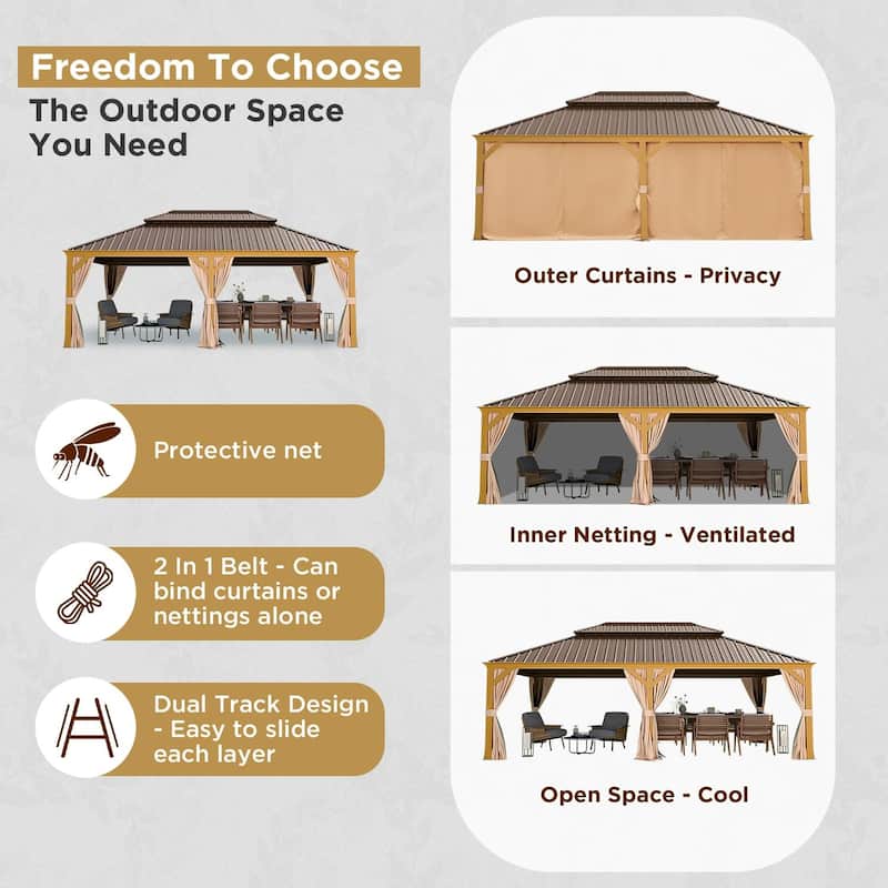 Outdoor Galvanized Steel Roof Gazebo Pergola w Wooden Coated Alumninum Frame, Privacy Curtains and Nettings Include