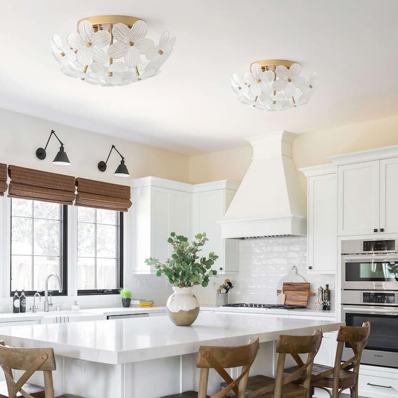 Frieda Modern 3-Light 16" Brushed Brass Clear Glass Flower Flush Mount - 16 inches in diameter x 7.5 inches H