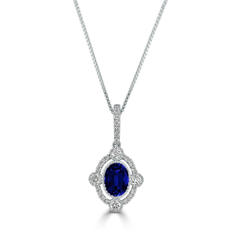 Auriya Fancy Oval Shaped 9/10ct Royal Blue Sapphire and 1/3ctw Halo Diamond Necklace 18k Gold