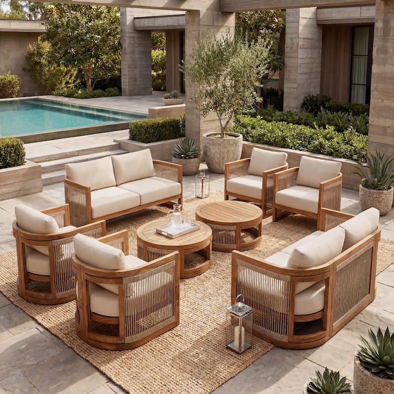 Christopher Knight Home - Outdoor 8-Piece Acacia Wood Patio Conversation Set with Rope Weave and Slatted Coffee Tables - Beige+Brown