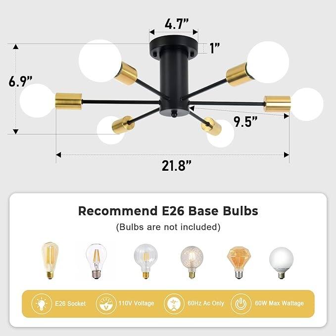 6-Light Mid Century Semi Flush Mount Chandelier for Dining Room