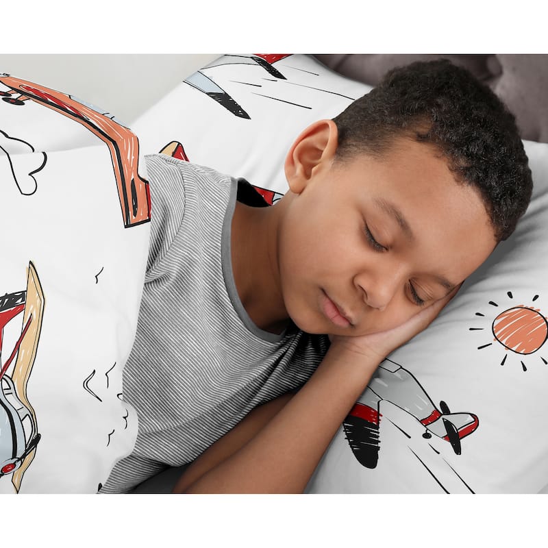 Vintage Airplane Boy 2pc Twin Comforter Set - Grey Yellow Orange Red White Blue Airplanes Air Plane Transportation Clouds Sky