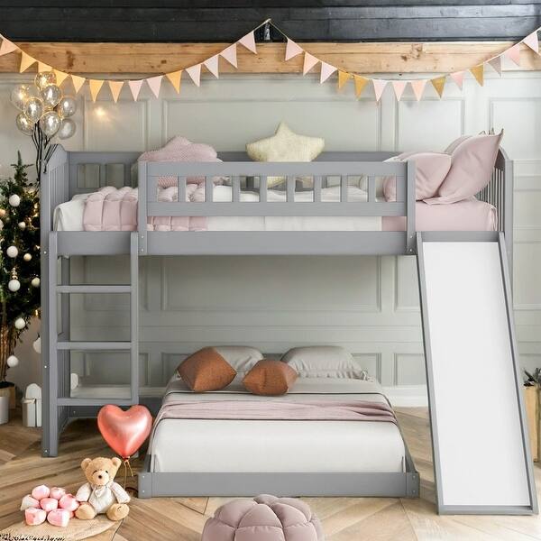 slide 2 of 12, Grey Kids Bed Bunk Bed with Slide and Ladder, Twin Over Twin size for Bedroom Grey