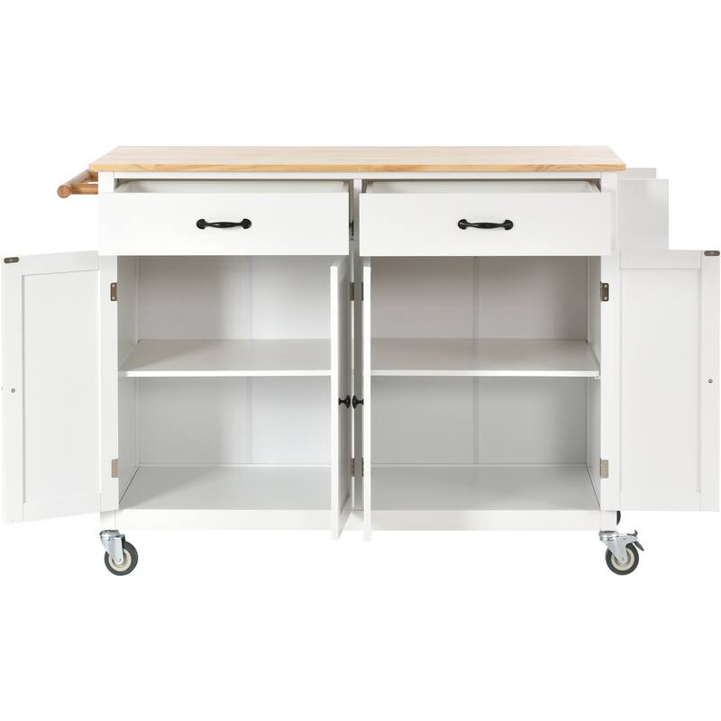 Kitchen Island Cart on Wheels with Solid Wood Top, Moveable Island Table with Adjustable Shelves, 4-Door Cabinet & 2 Drawers