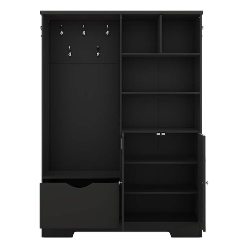 Anmytek Black 5 in 1 Hall Tree Entryway Storage Organizer with Shoe Bench Hooks Cabinet