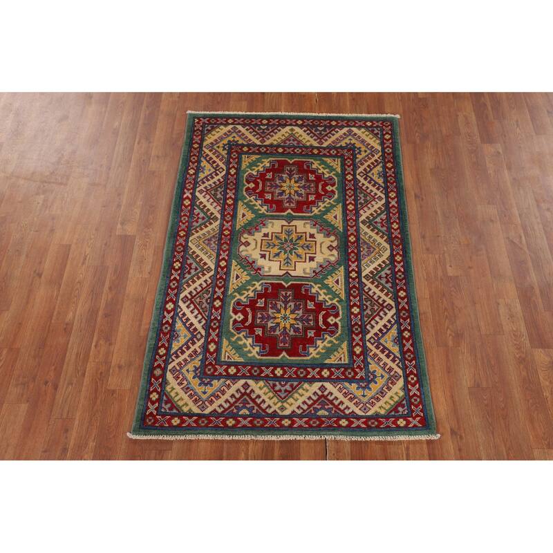 Green Kazak Accent Rug Handmade Wool Carpet - 3'3" x 4'11"