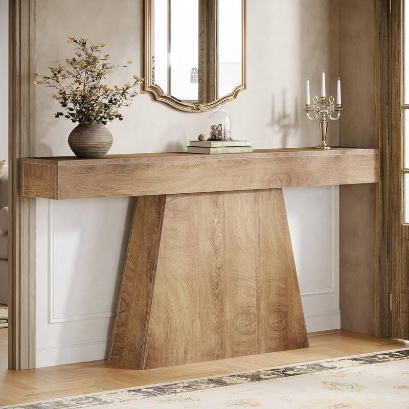 63" Narrow Long Console Table, Farmhouse Entryway Table with Trapezoidal Base - 63" L x 11.6" W x 35.4" H - Light Brown