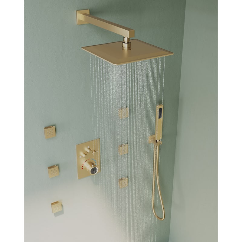 GRANDJOY Thermostatic Shower Faucet System Rainfall 12" Wall Mount Shower Faucet 6 Body Jets Handheld Spray High Pressure
