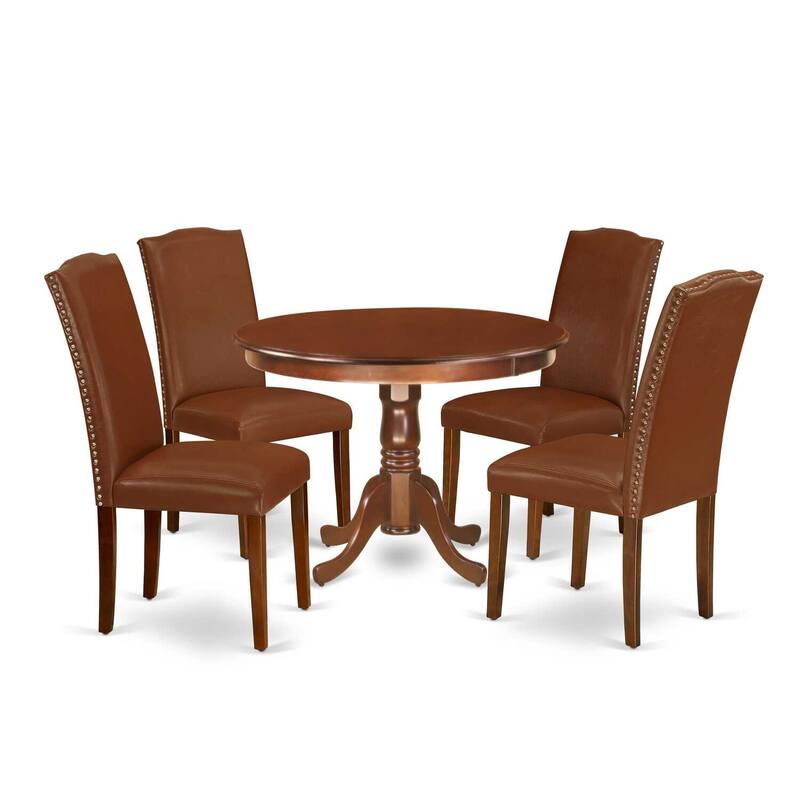 Round Dinette Set 5Pc - 42 Inch Table & 4 Parsons Chairs - Brown Faux Leather - Medieval Style