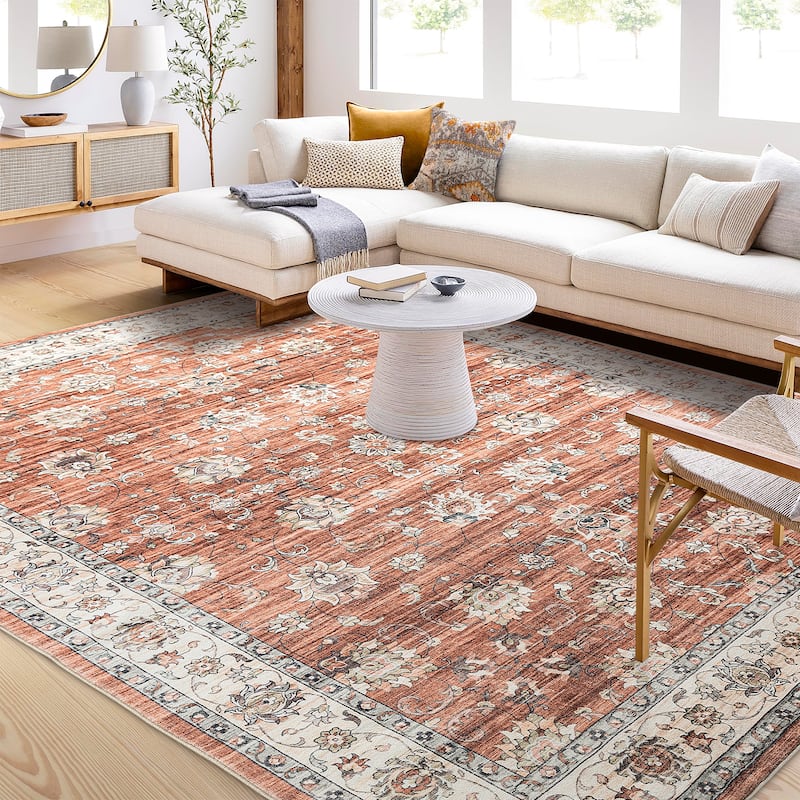 Glitzhome Traditional Distressed Floral Boho Printed Oriental Area Rugs