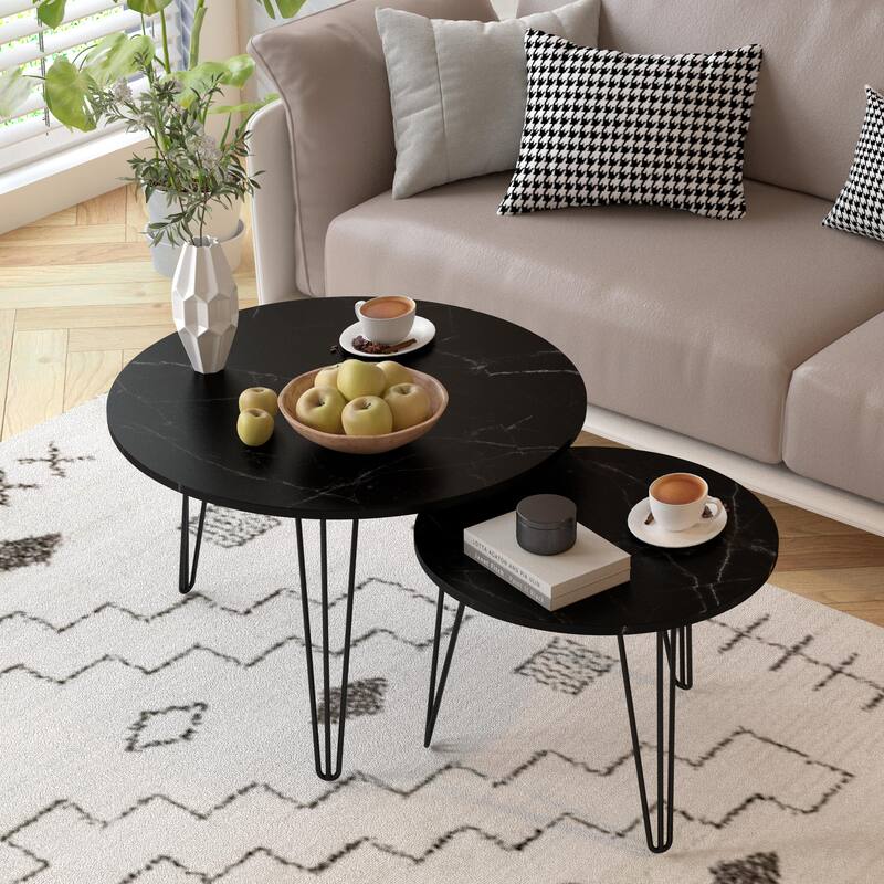 Round Nesting Table Black End Table Sofa Side Table Set of 2