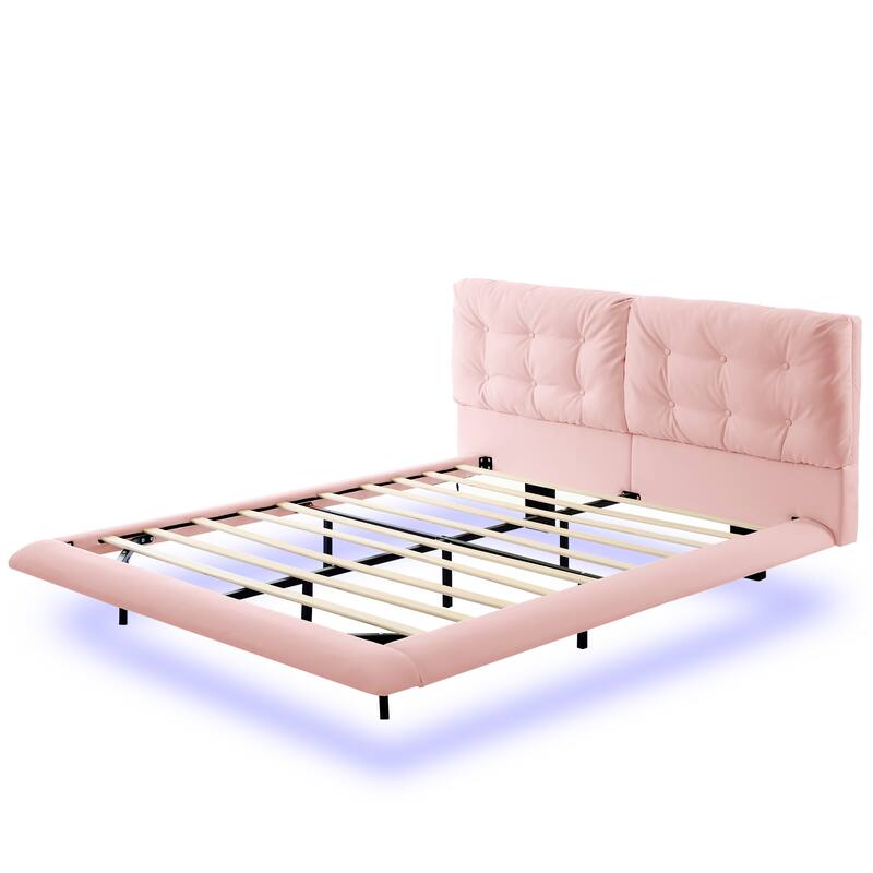 Christopher Knight Home- Lorcan PU Leather Floating Bed Frame with LED Lights and Button-Tufted Headboard