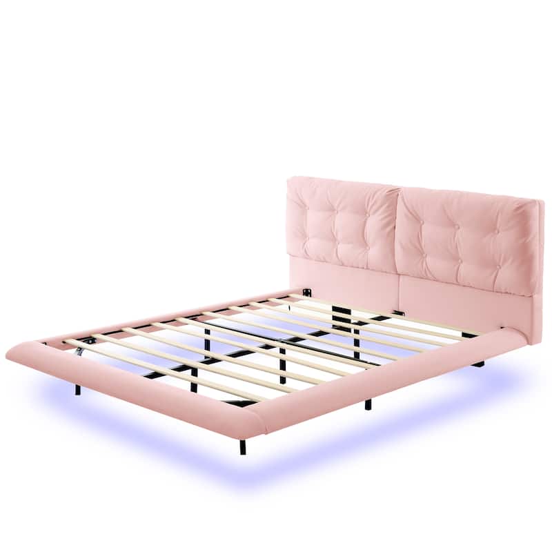 Queen Size Upholstered Floating Bed Frame with LED Lights, Platform Bed with Button-Tufted Headboard, No Box Spring Needed