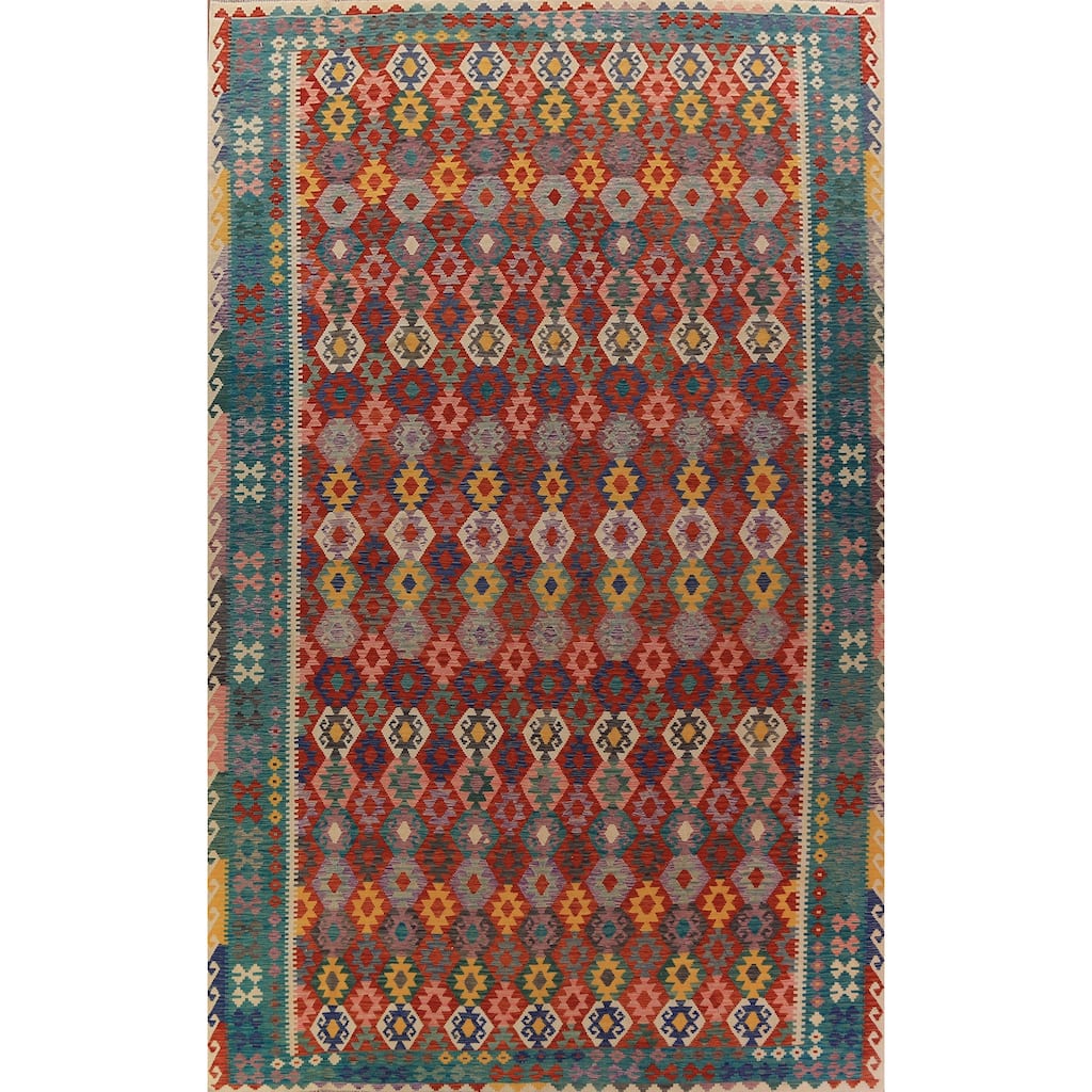 Geometric Kilim Oriental Large Rug Hand-Woven Wool Carpet - 10'3"x 16'6"