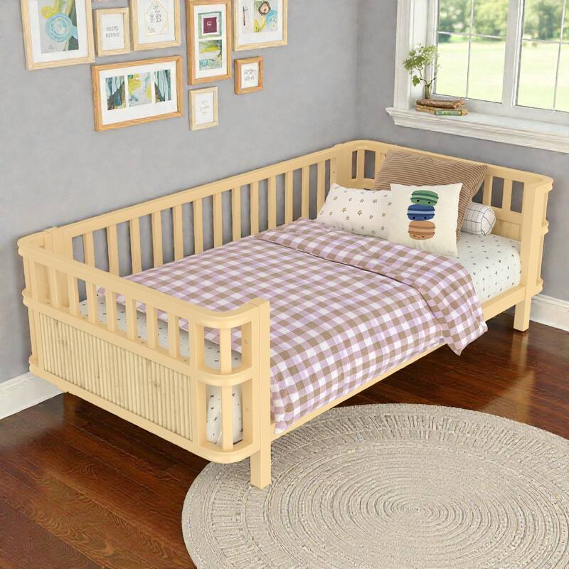 Kids Metal and Wood Platform Bed with Safety Rails, Low Profile Twin Full Children Bed for Boys and Girls
