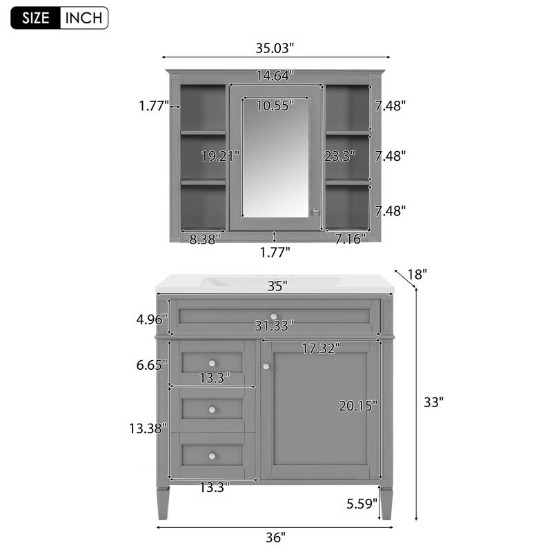 36'' Bathroom Vanity Set with Mirror Cabinet, Modern Bathroom Storage Cabinet with 2 Soft Closing Doors and 4 Drawers