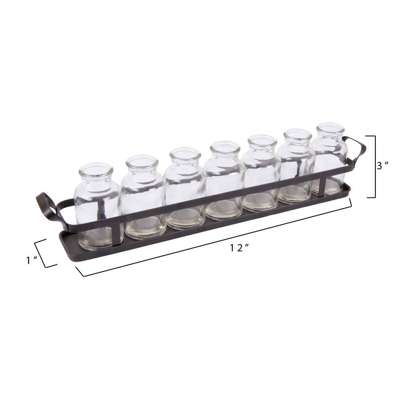 7 Glass Bottles on Metal Tray with Handles