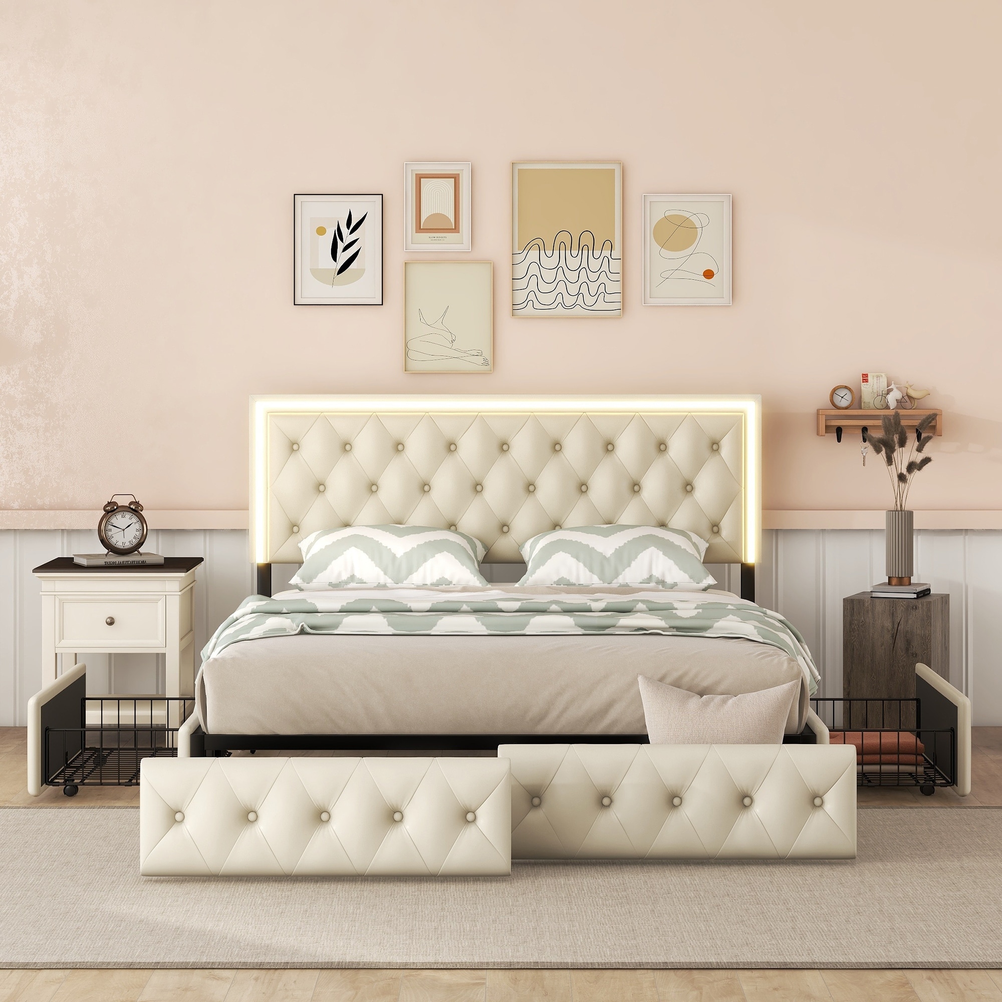 Queen Size Storage Bed with 4 Drawers, PU Leather Platform
