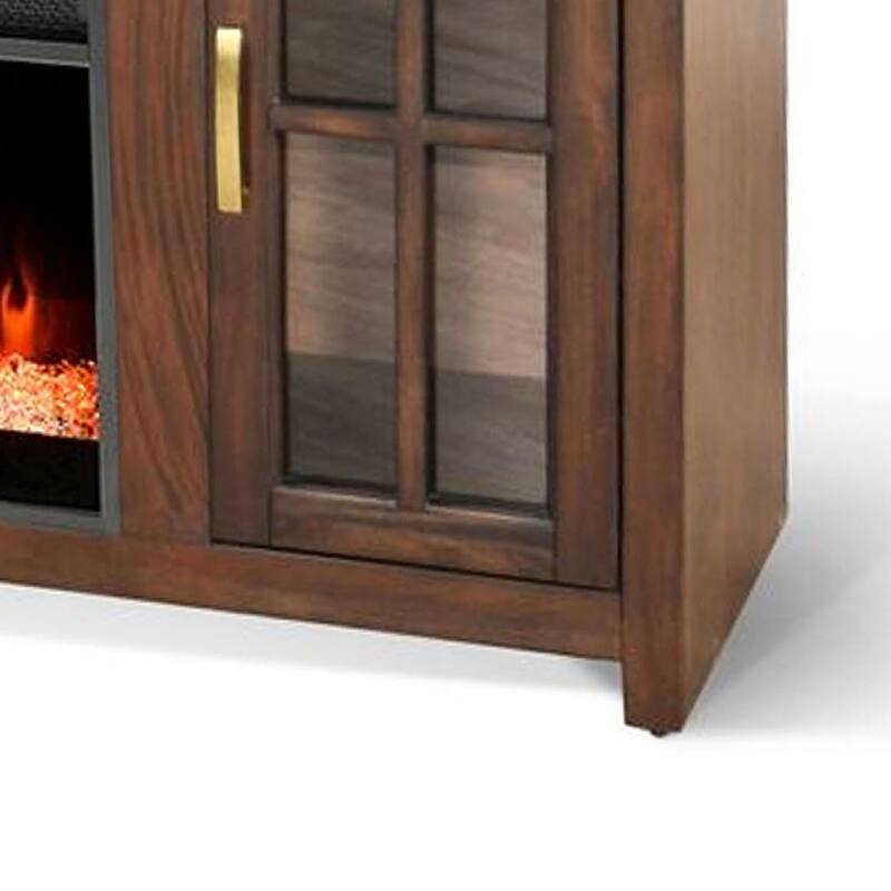 Gery TV Media Console w Crystal Fireplace, 76 Inch, 2 Cabinets, Brown
